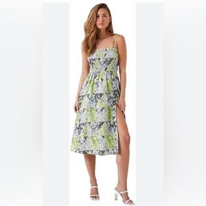 FOREVER 21 Lime Green Blue Floral Smocked Spaghetti Strap Cotton Midi Slit Dress